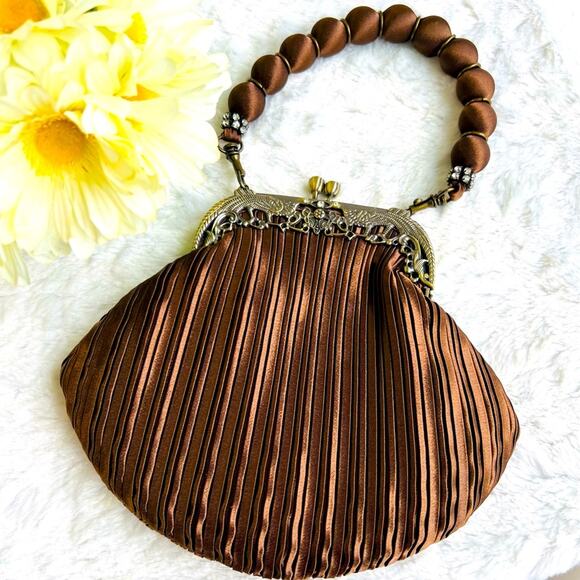 Silk Satin Evening Handbag Retro Vintage with Pearl like Handle - Picture 1 of 12